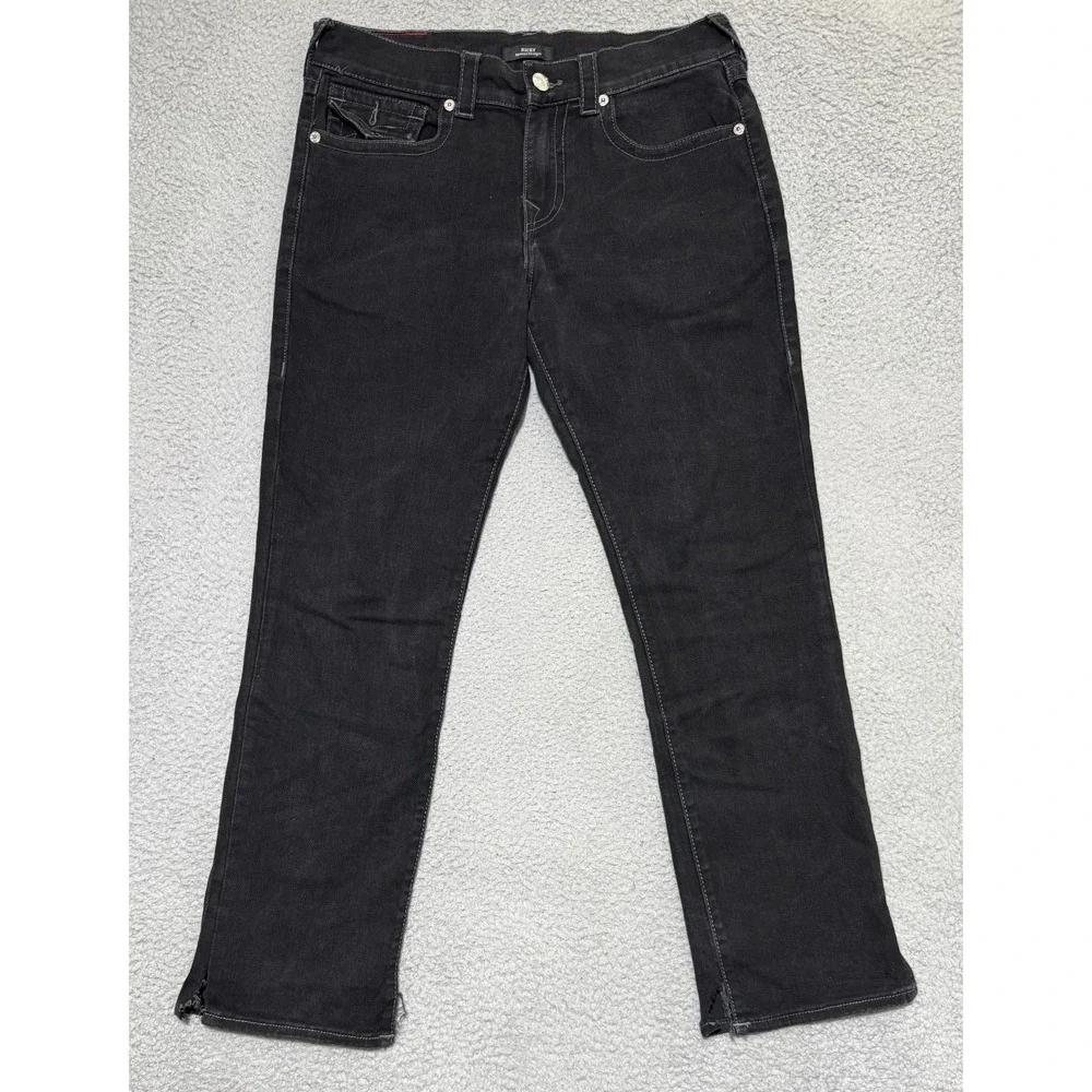 True Religion Ricky Relaxed Straight Jeans Mens 32x30 Flap Pockets Cut Ankle